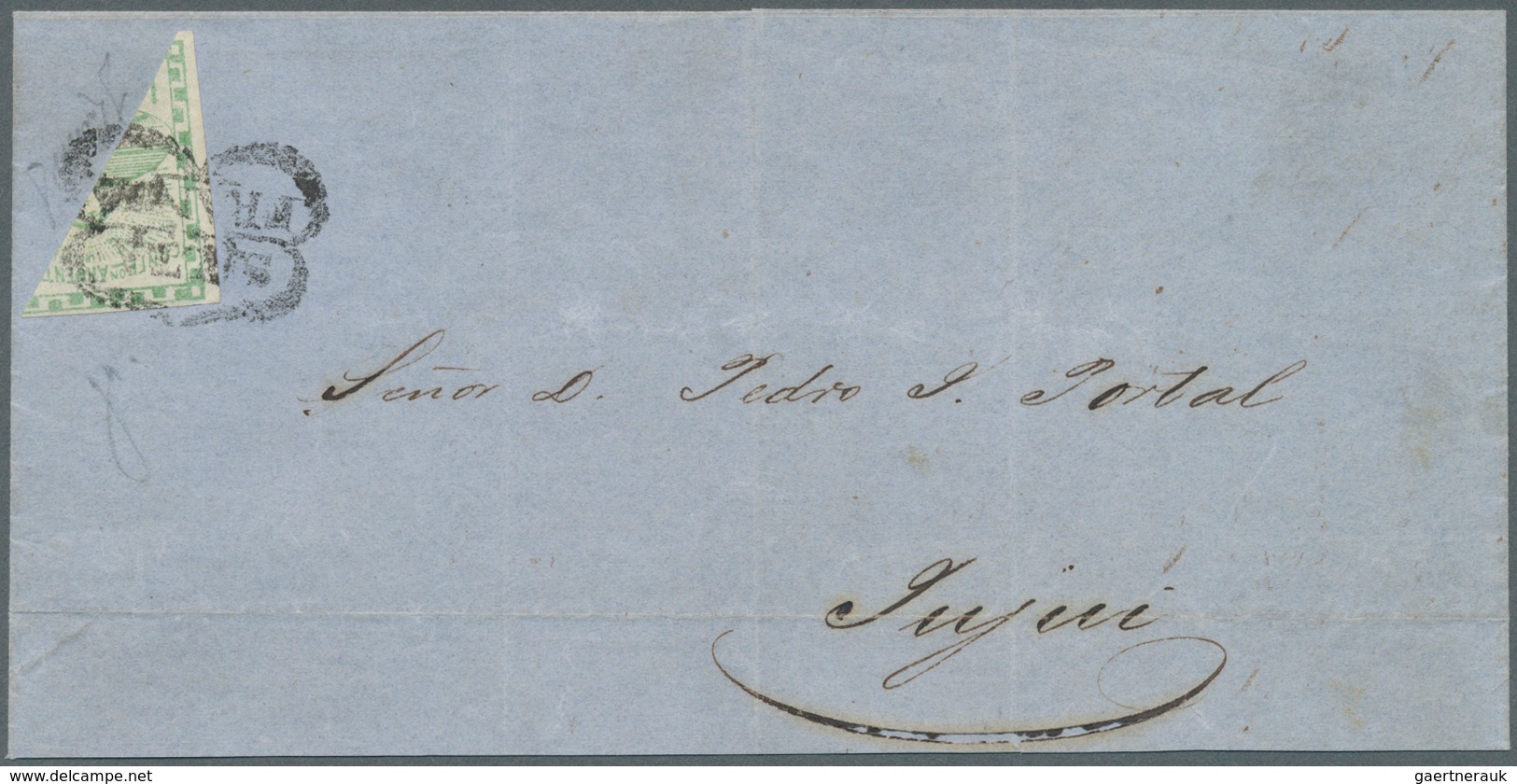 11587 Argentinien: 1858 10c. Light Green, Small Figures, Used BISECTED Diagonally On Folded Cover From SAL - Sonstige & Ohne Zuordnung