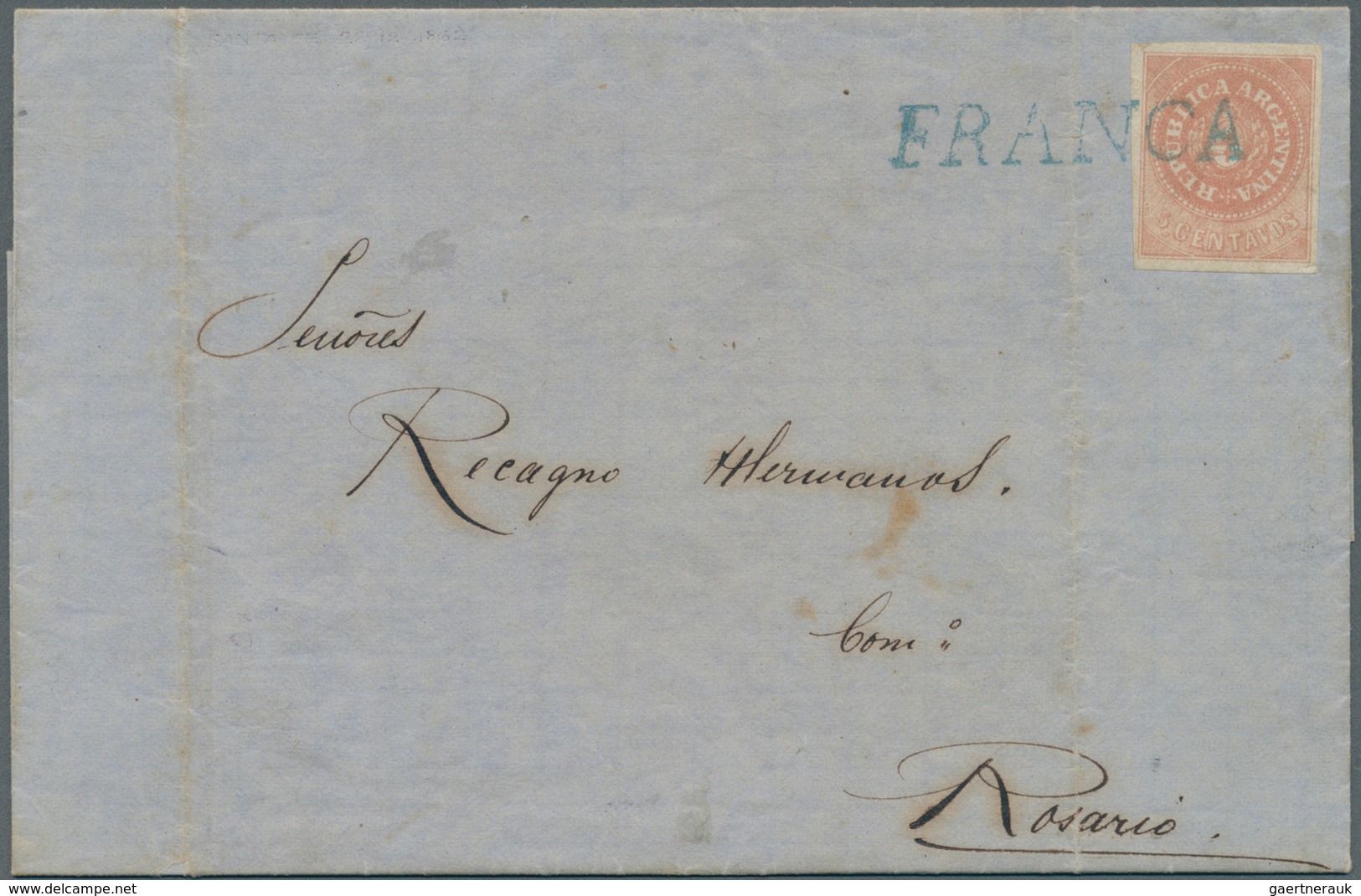 11590 Argentinien: 1862 5c. Rose, With Accent, Used On Entire Letter From Santa Fe To Rosario, Tied By Sup - Autres & Non Classés