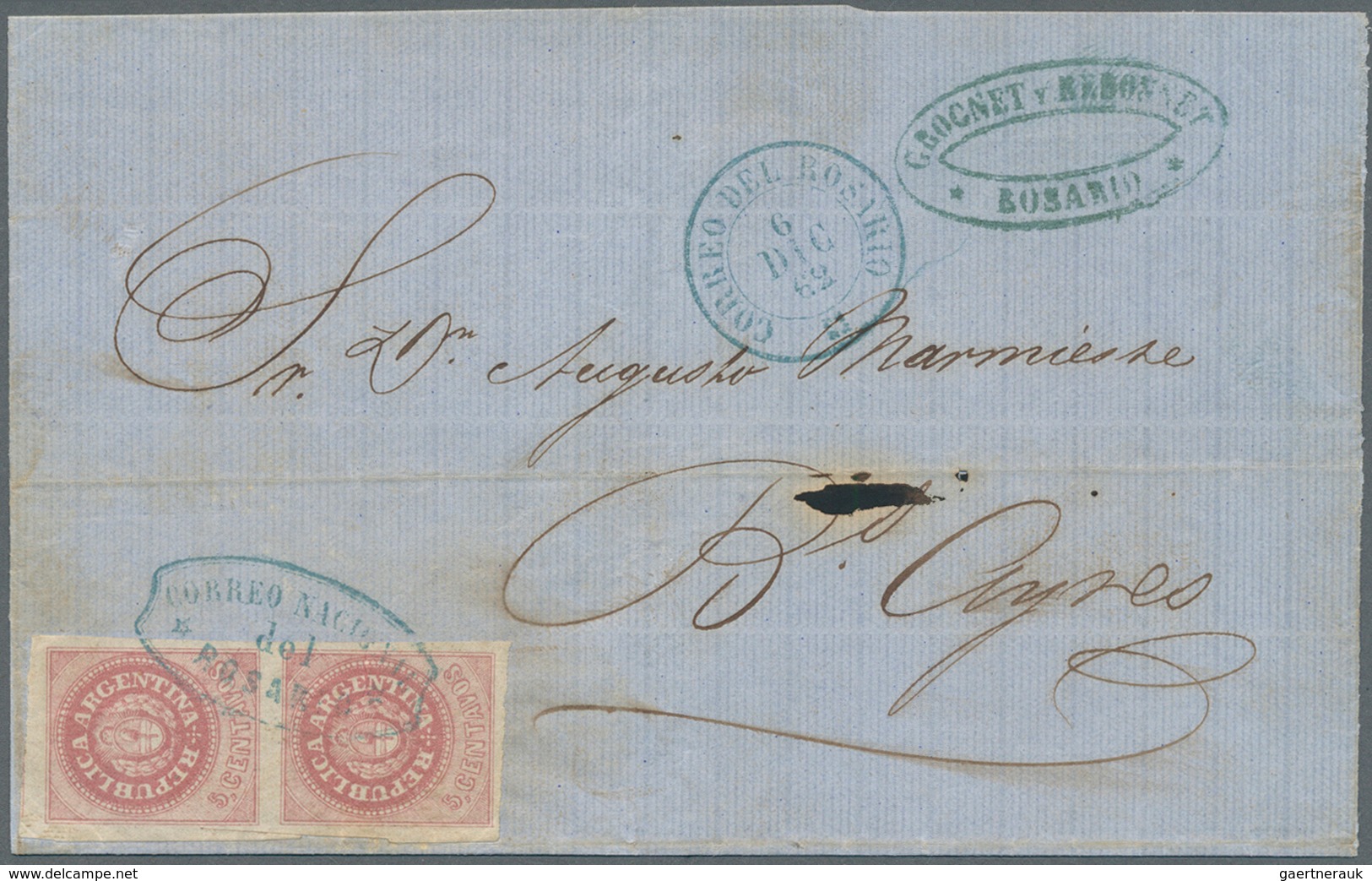 11594 Argentinien: 1862, Vertical Pair 5 Centavos Coat Of Arms On Letter Sheet Sent To Buenos Aires With S - Autres & Non Classés