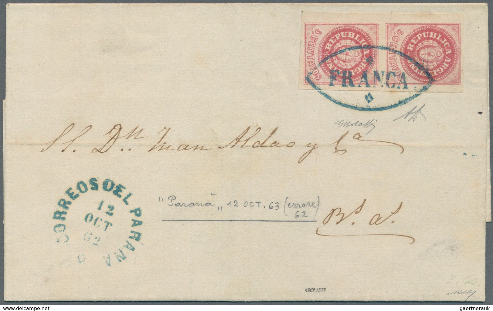 11595 Argentinien: 1862, Cover Franked With Imperforated Pair 5 C. Coat Of Arms Without Accent On "U" Of " - Sonstige & Ohne Zuordnung