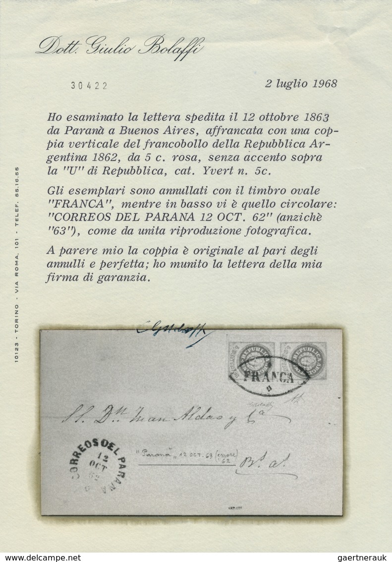 11595 Argentinien: 1862, Cover Franked With Imperforated Pair 5 C. Coat Of Arms Without Accent On "U" Of " - Autres & Non Classés