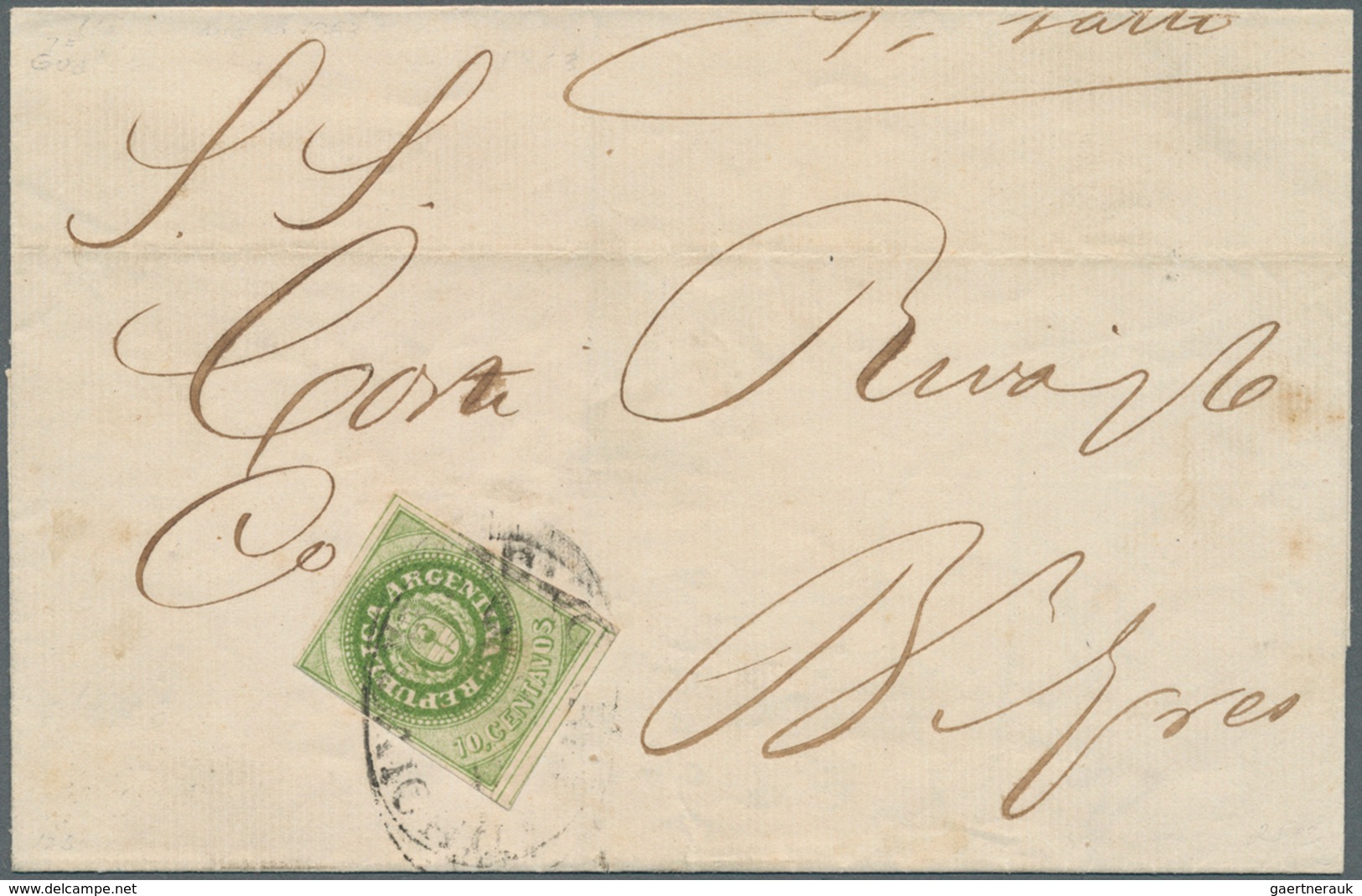 11597 Argentinien: 1862 10c. Yellow-green, No Accent, Used On 1863 Folded Cover From Gualeguaychu To Bueno - Autres & Non Classés