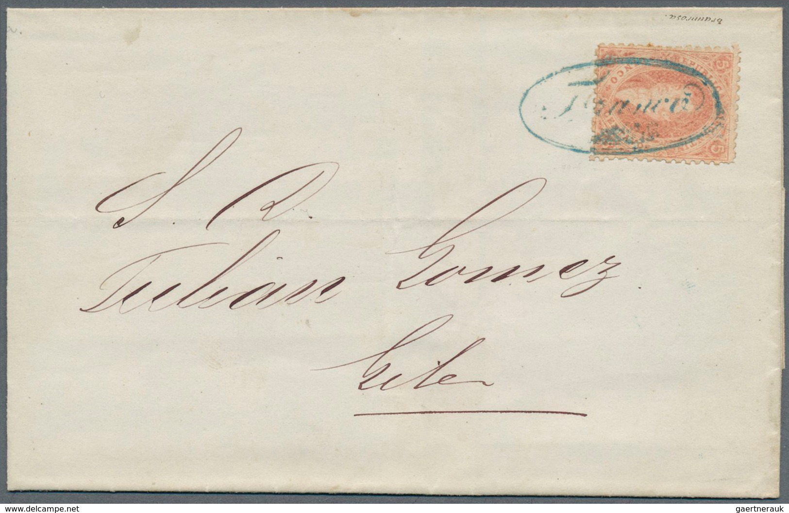11603A Argentinien: 1864, 5c. Reddish Pink, Single Franking On Lettersheet Clearly Oblit. By Blue Oval "FRA - Sonstige & Ohne Zuordnung