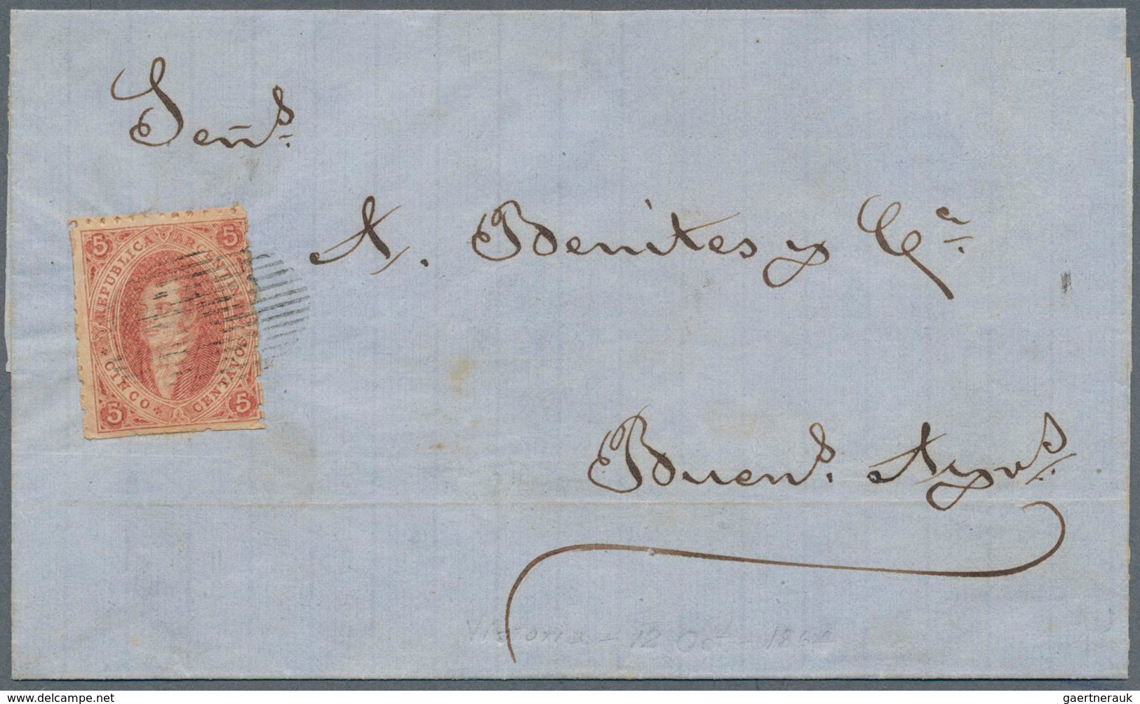 11604 Argentinien: 1864, 5 C. Red, Fresh Colour, Partly Scissor's Separation, Single Franking On Lettershe - Sonstige & Ohne Zuordnung