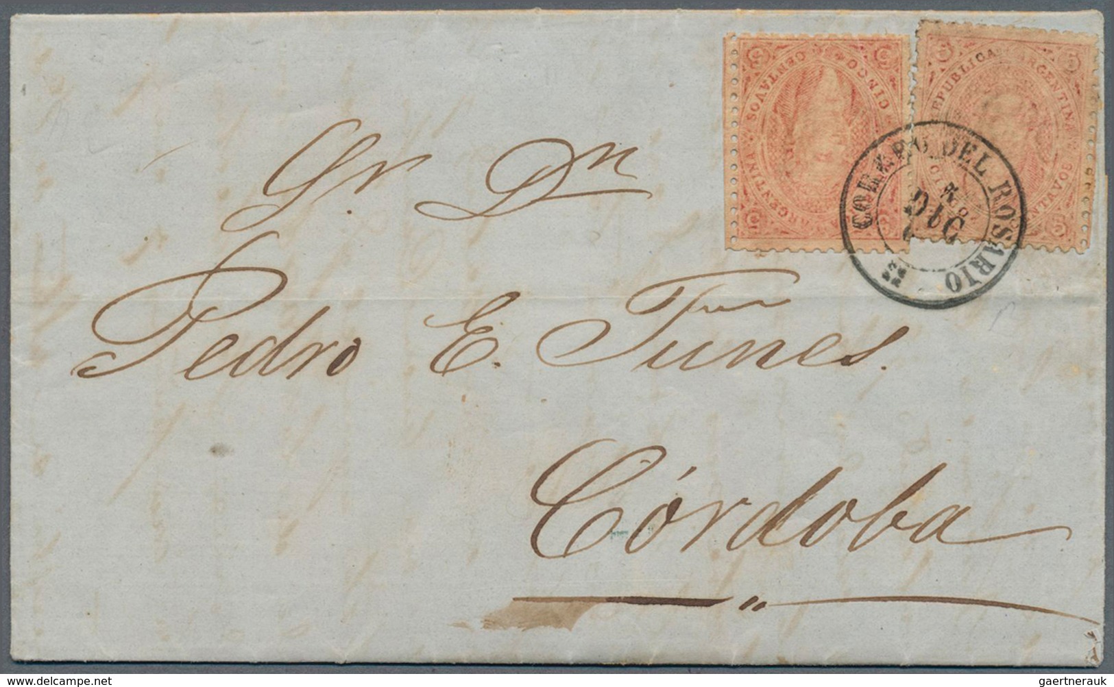 11605 Argentinien: 1865, 5c. Pale Brownish Red, 3rd Printing, Two Copies With Blurred Printing (one Stamp - Autres & Non Classés