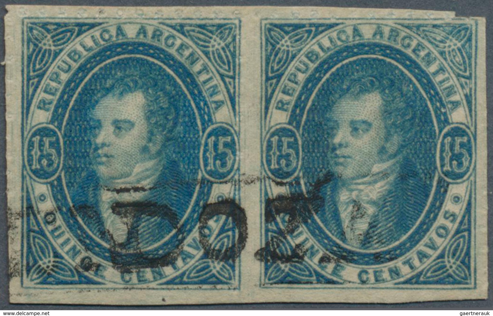 11605E Argentinien: 1864, 15 C. Slate Blue, Horizontal Pair, Fresh Colour, Separated By Scissor (touched At - Autres & Non Classés