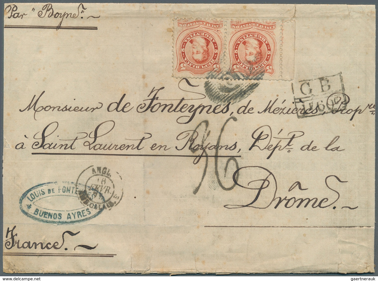 11608 Argentinien: 1875 Double Rate Letter From Buenos Aires To Saint Laurent En Royans, France By Steamer - Autres & Non Classés
