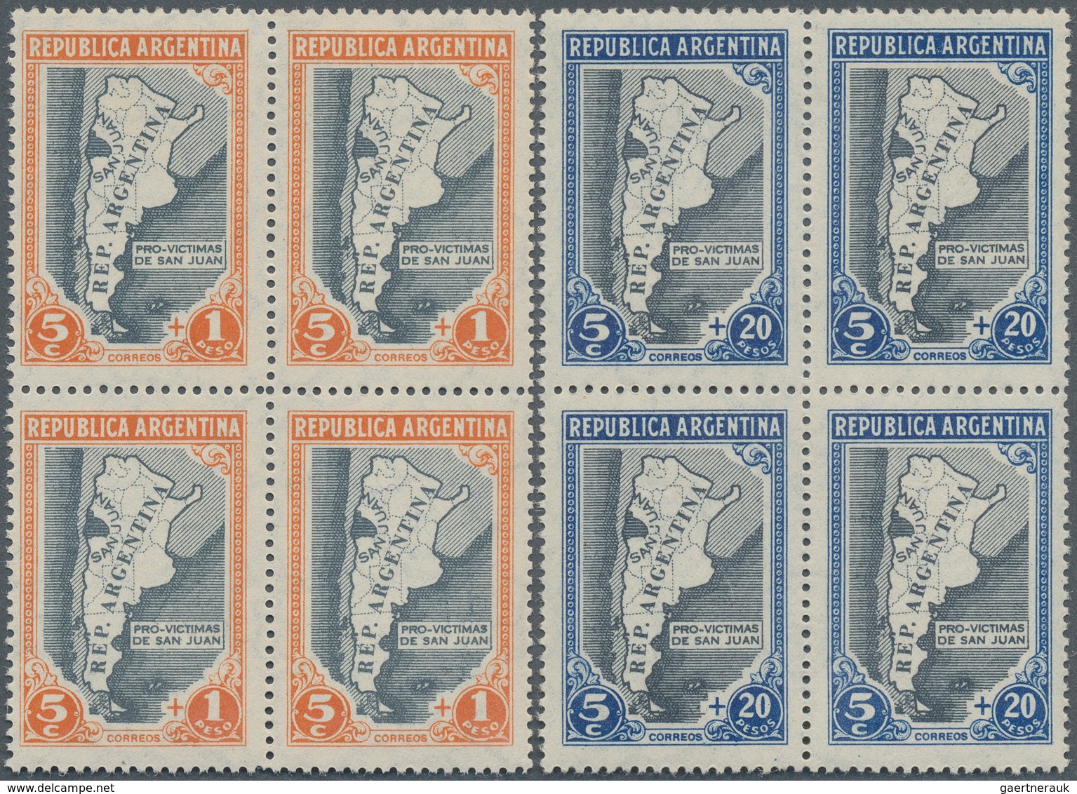 11625 Argentinien: 1944, Four Different Values Of 5 C "Earthquake Victims Of San Juan" All In Superb Block - Sonstige & Ohne Zuordnung