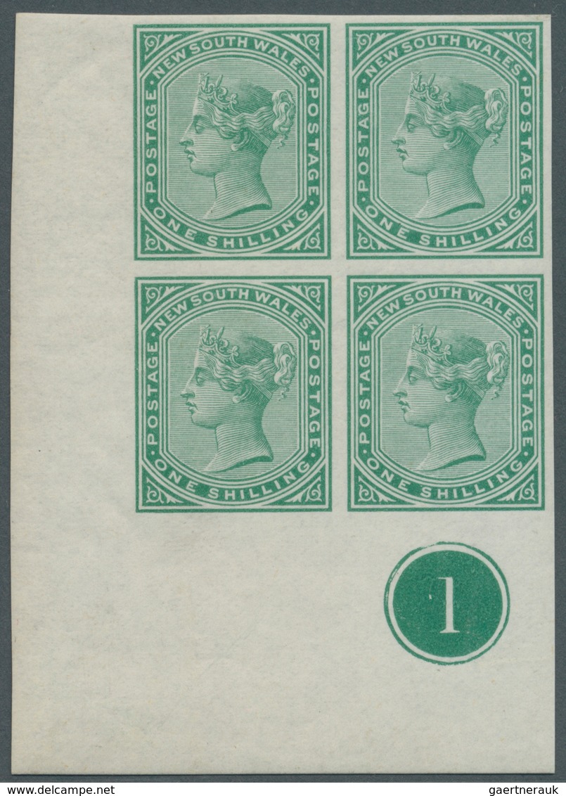 11638 Neusüdwales: 1876 (ca.), QV 1s. IMPERFORATE PROOF In GREEN Block Of Four From Lower Left Corner With - Lettres & Documents