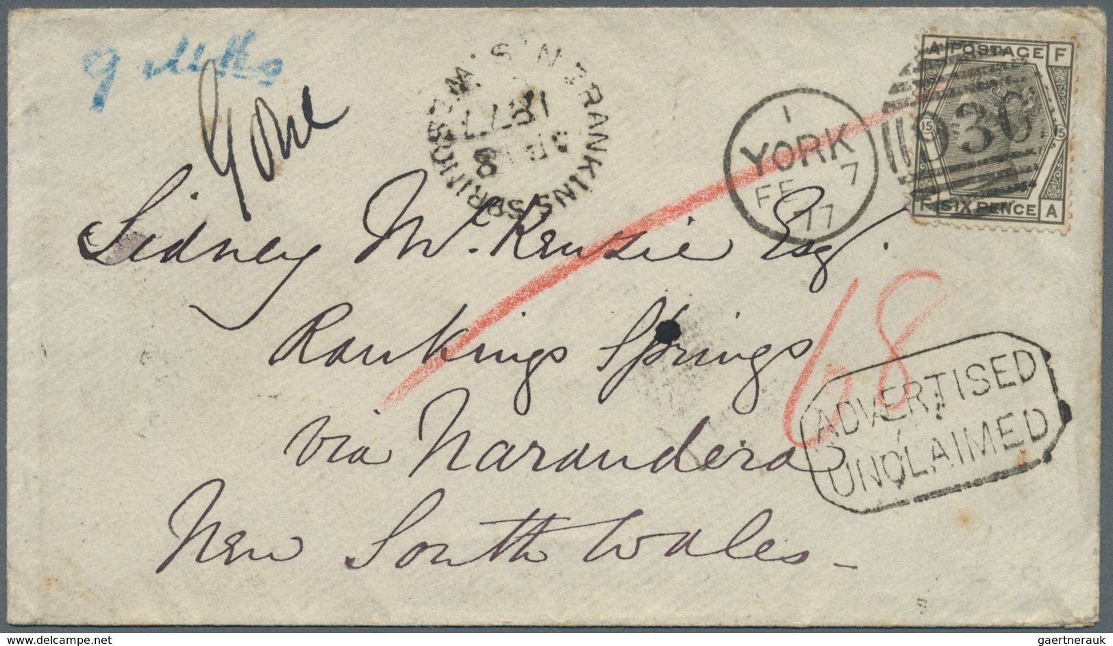 11639 Neusüdwales: 1877, "RANKINGS SPRINGS AP 8 1877 N.S.W." And Boxed "ADVERTISED / UNCLAIMED" On Incomin - Lettres & Documents