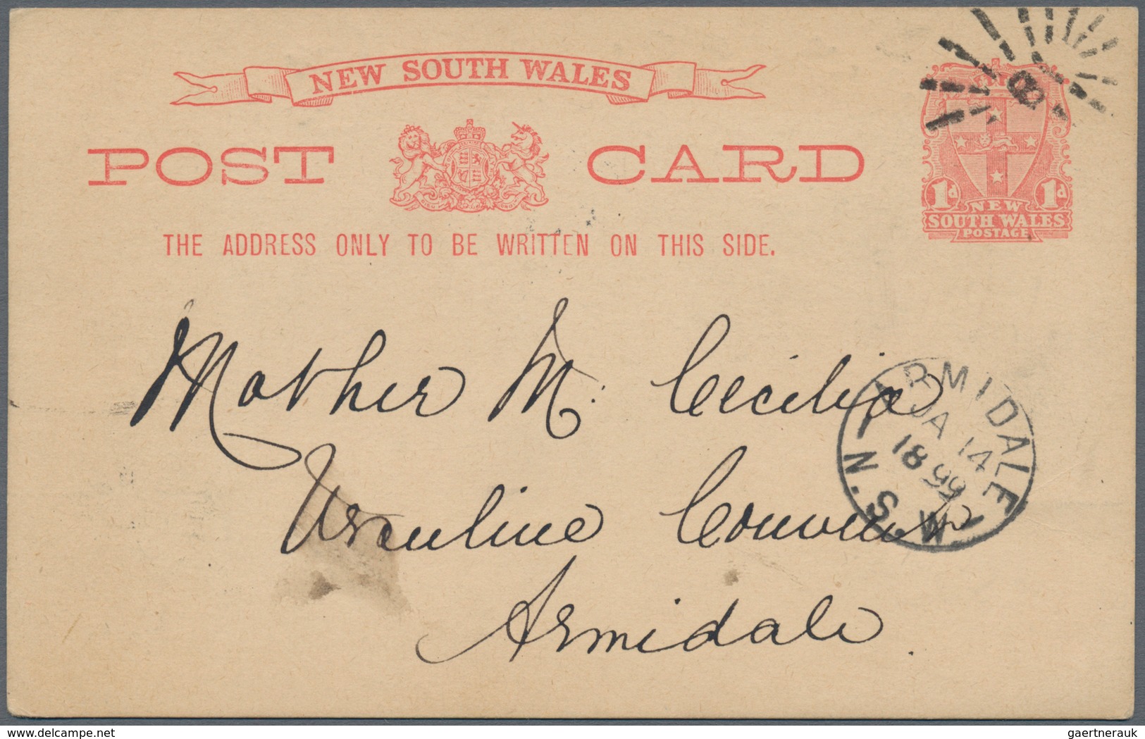 11642 Neusüdwales: 1899 (14.1.), Coat Of Arms 1d. Red Pictorial Stat. Postcard With Picture On Reverse 'Ir - Storia Postale