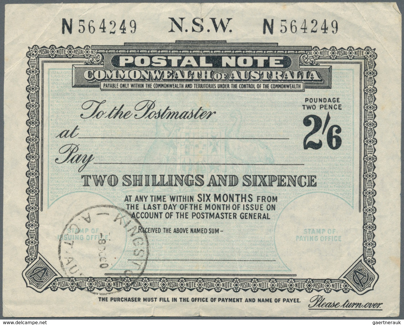 11644 Neusüdwales: 1900 (?), 2'6 Shilling "N.S.W. Postal Note" With Postmark KINGSTON. Vertical Fold. - Lettres & Documents