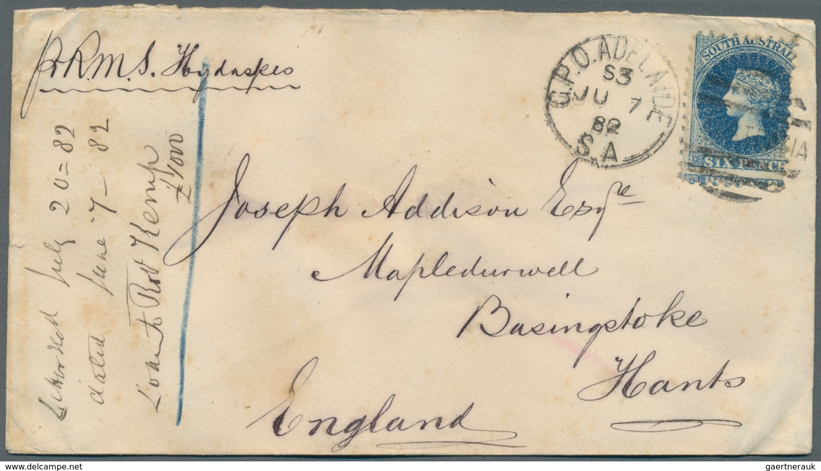 11650 Südaustralien: 1882 (7.6.), QV 6d. Bright Blue Perf. 10 With Attractive Misperforation Used On Cover - Briefe U. Dokumente