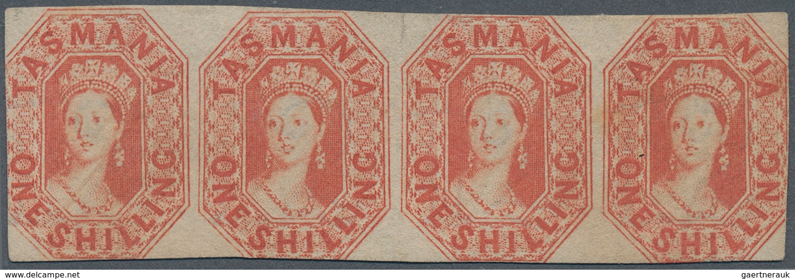 11654 Tasmanien: 1857, Queen Victoria 1 Sh. Vermillion, Horizontal Strip Of Four, Unused Without Gum, Cut - Lettres & Documents