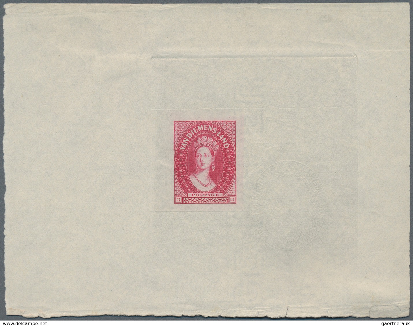 11655 Tasmanien: 1864, Queen Victoria Die Proof In Red On Thin Paper With Watermark "...PAPER", Small Faul - Lettres & Documents