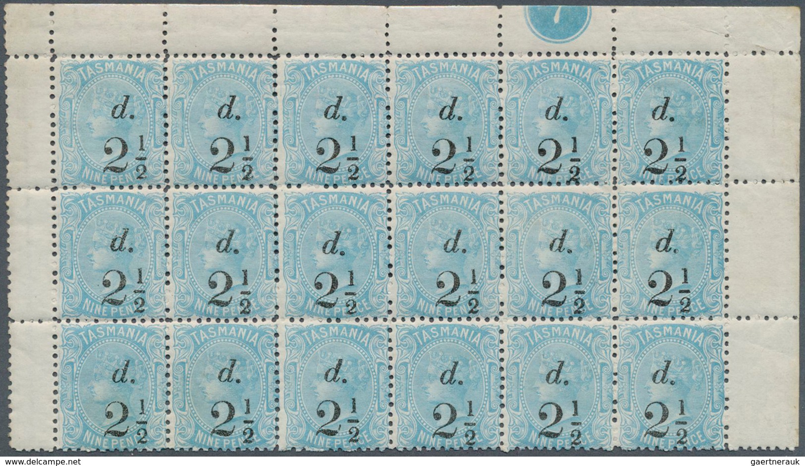 11656 Tasmanien: 1891, QV 9d. Pale Blue Surch. 'd. 2½' Block Of 18 From Upper Part Of Sheet With Margins A - Briefe U. Dokumente