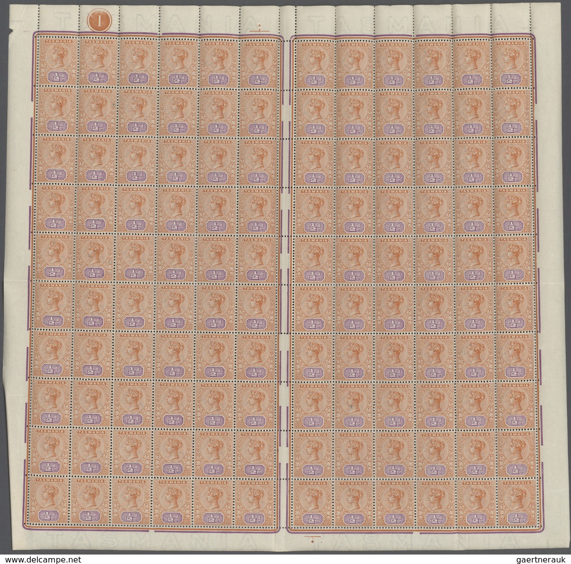 11656A Tasmanien: 1892, QV Tablets ½d. Orange/mauve In A Complete Sheet With 120 Stamps Incl. Central Gutte - Briefe U. Dokumente