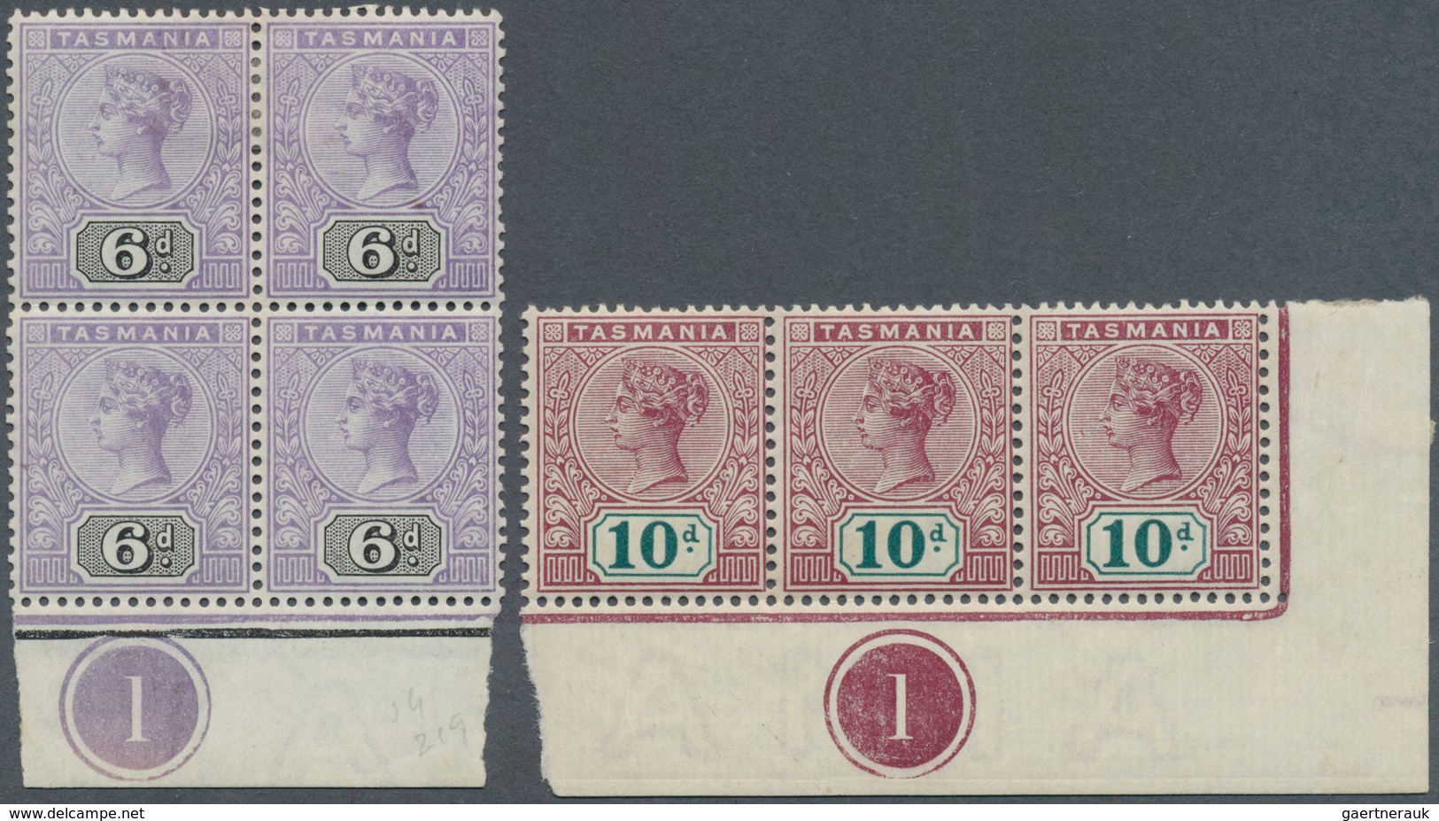 11657 Tasmanien: 1892/1899, QV Tablets 6d. Violet/black Block Of Four And 10d. Purple-lake/deep Green Hori - Briefe U. Dokumente