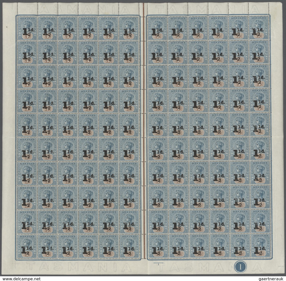 11659 Tasmanien: 1904, QV Tablets 5d. Pale Blue/brown Surch. '1½d.' In A Complete Sheet With 120 Stamps In - Lettres & Documents