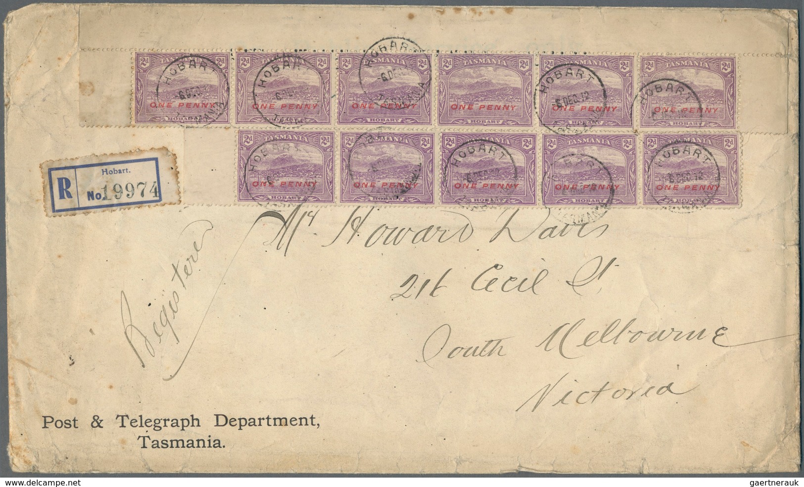 11660 Tasmanien: 1912, Heavy Registered Letter From HOBART "Post & Telegraph Department" To Melbourne Fran - Covers & Documents