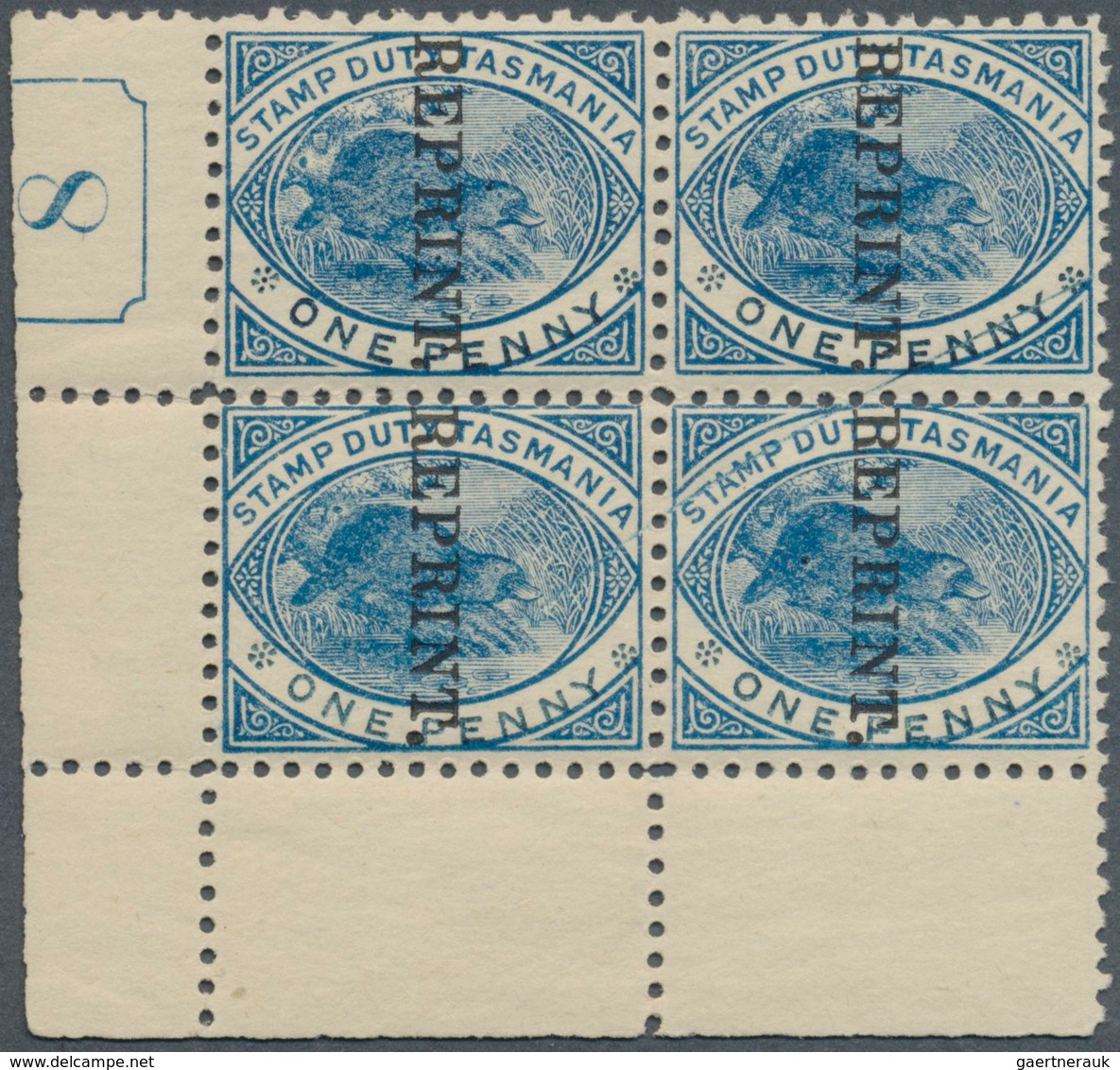 11662 Tasmanien - Stempelmarken: 1900, Platypus 1d. Blue Perf. 12 With Vert. Black Opt. 'REPRINT' Block Of - Briefe U. Dokumente