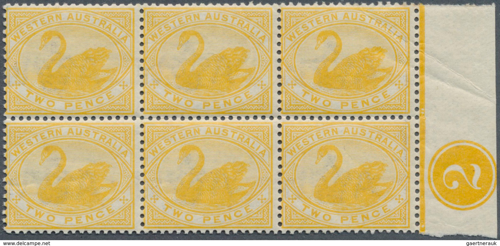 11679 Westaustralien: 1899, Black Swan 2d. Bright Yellow With Wmk. W Crown A Block Of Six From Right Margi - Briefe U. Dokumente