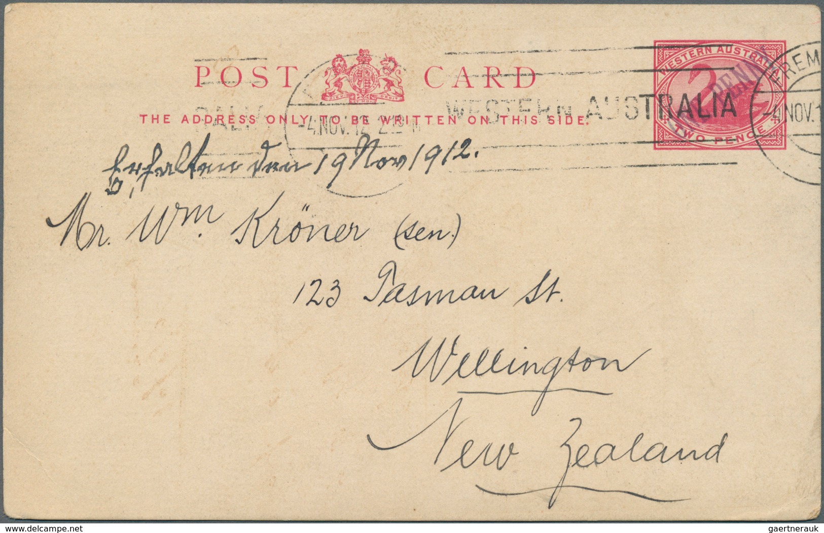 11683 Westaustralien: 1912 (4.11.), Stat. Postcard 2d. Swan With Diagonal Surch. 'ONE PENNY' Commercially - Briefe U. Dokumente