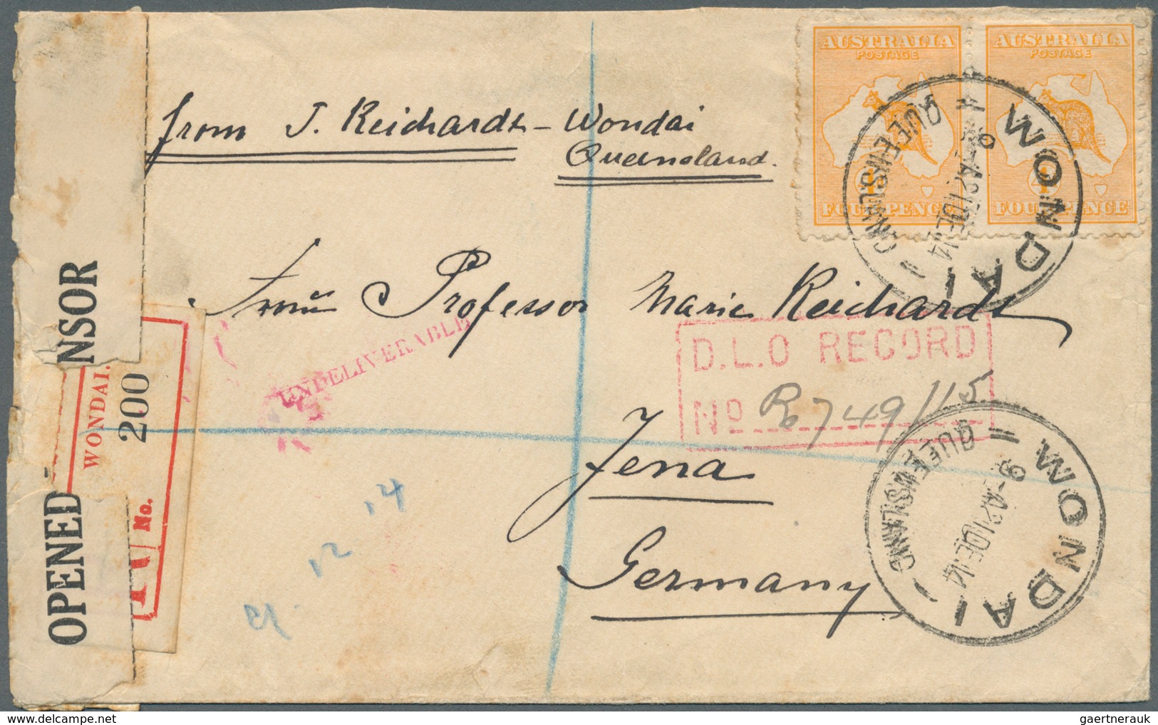 11684 Australien: 1914, Roos 4 D. Horizontal Pair Tied "WONDAI 12 DE. 14" To Registered Censored Cover To - Autres & Non Classés