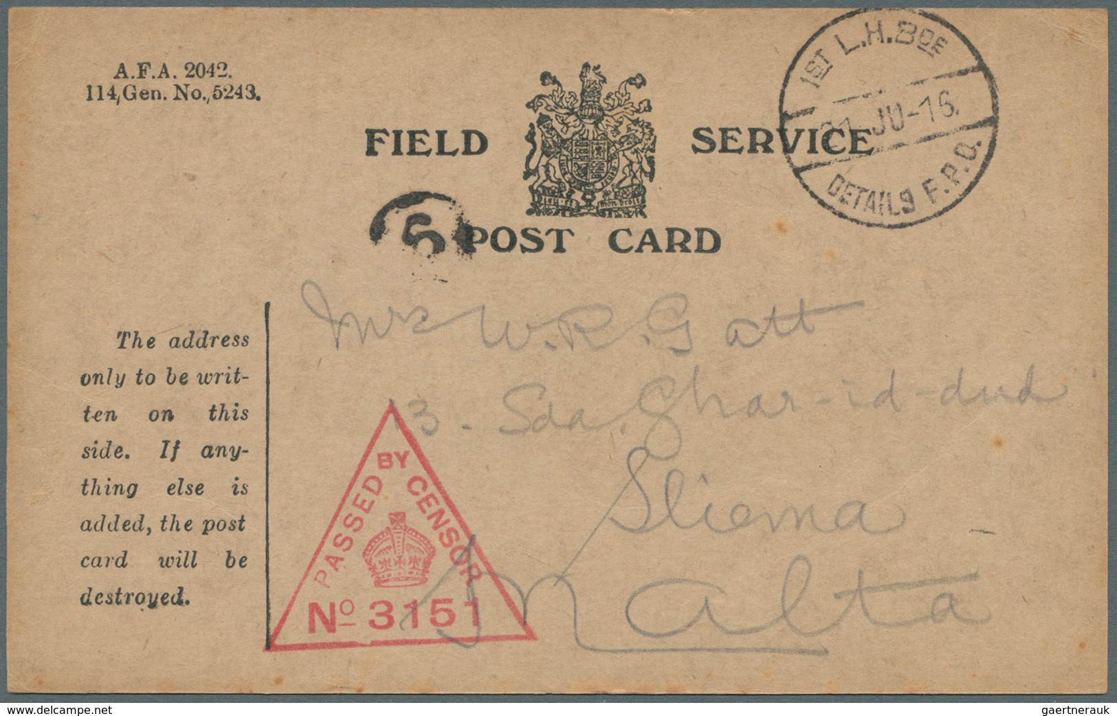 11700 Australien - Besonderheiten: 1916. Stampless 'Field Service/ Post Card' Addressed To Sliema, Malta' - Autres & Non Classés