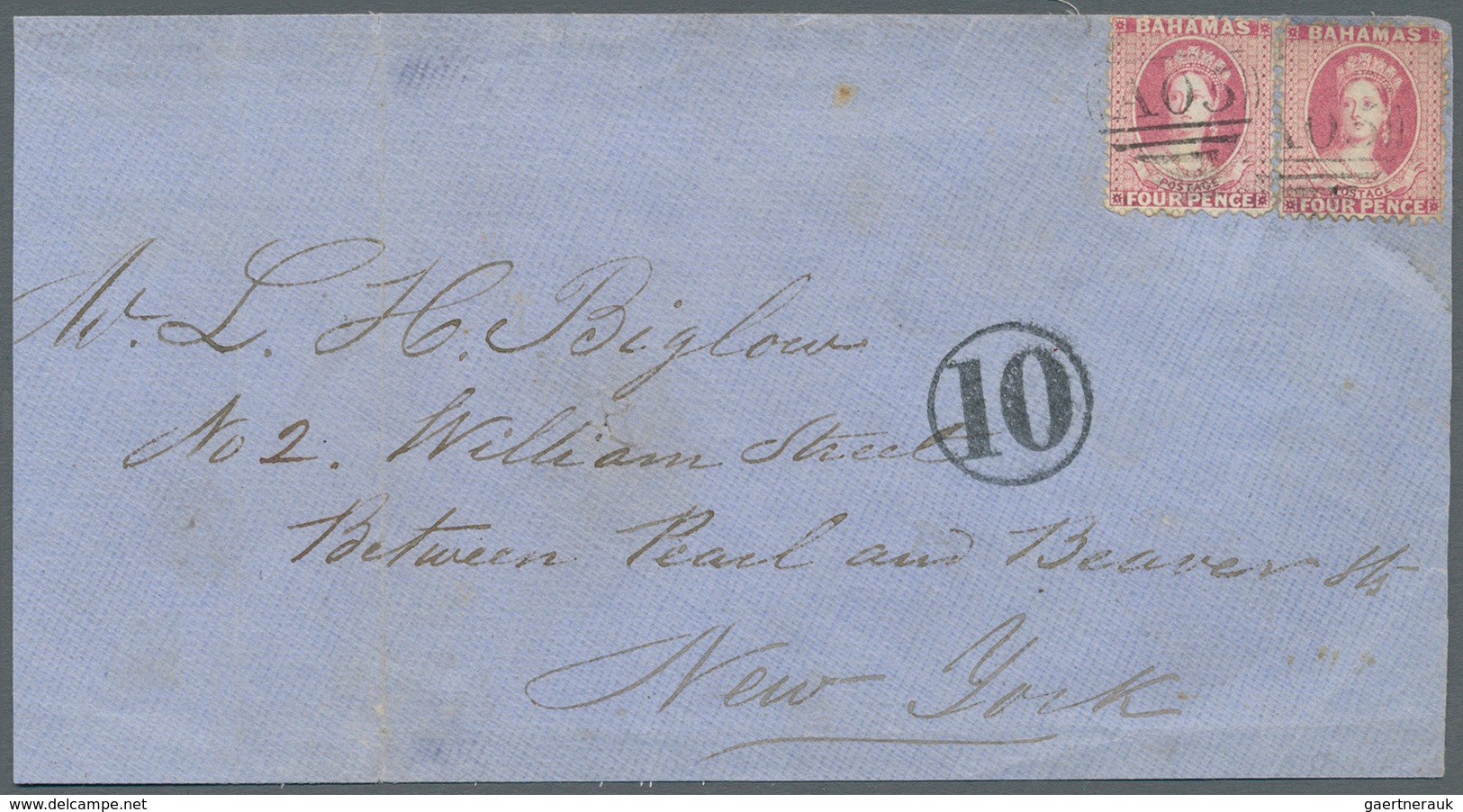 11701 Bahamas: 1875: Two Singles Of  QV 4d. Rose On Part (front) Of A Double Weight Cover To New York, Tie - 1963-1973 Interne Autonomie