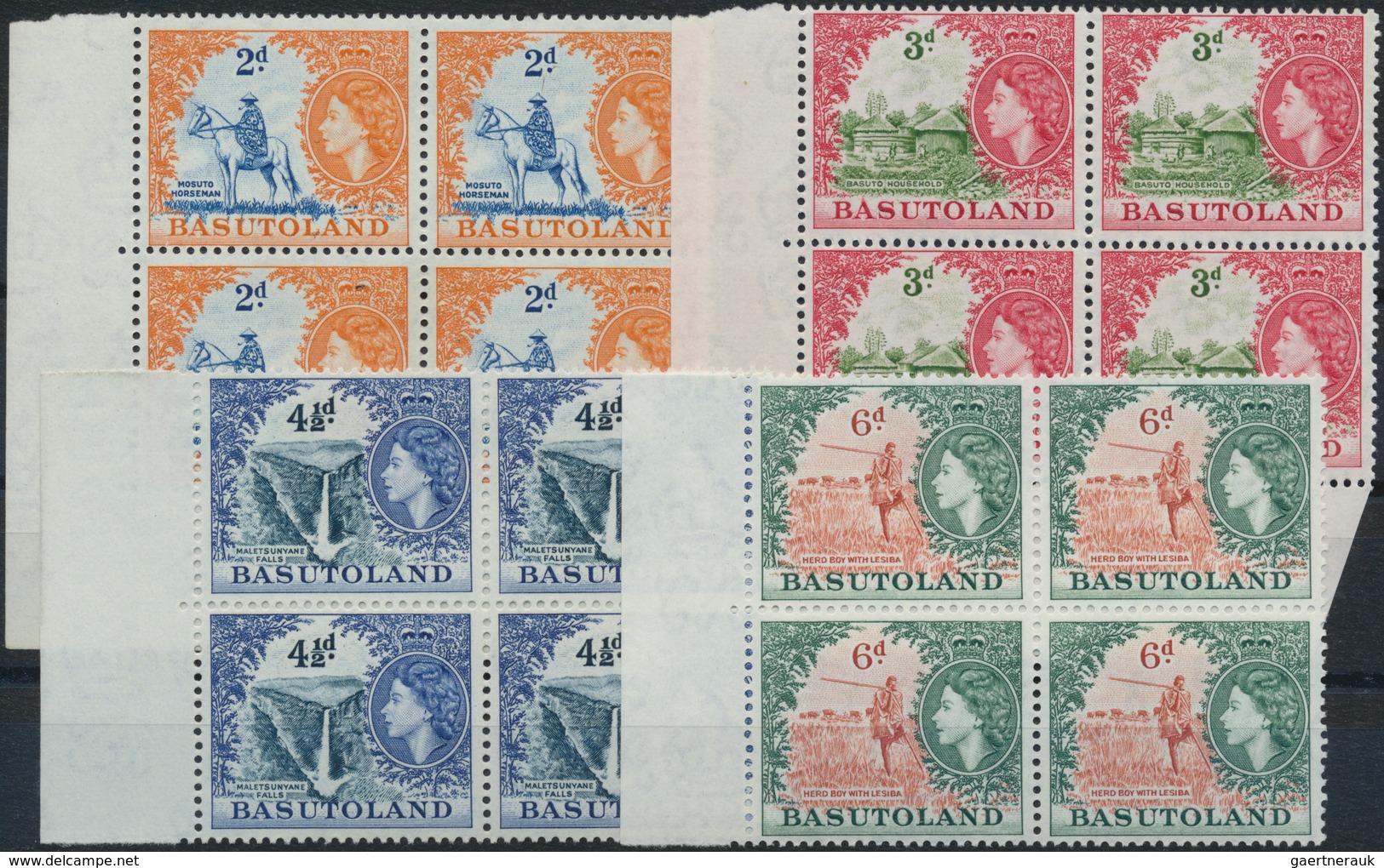 11707 Basutoland: 1954, QE II ½ D To 10 Sh. Complete Set Of 11 Values In Blocks Of Four (often From Sheet- - 1933-1964 Kronenkolonie