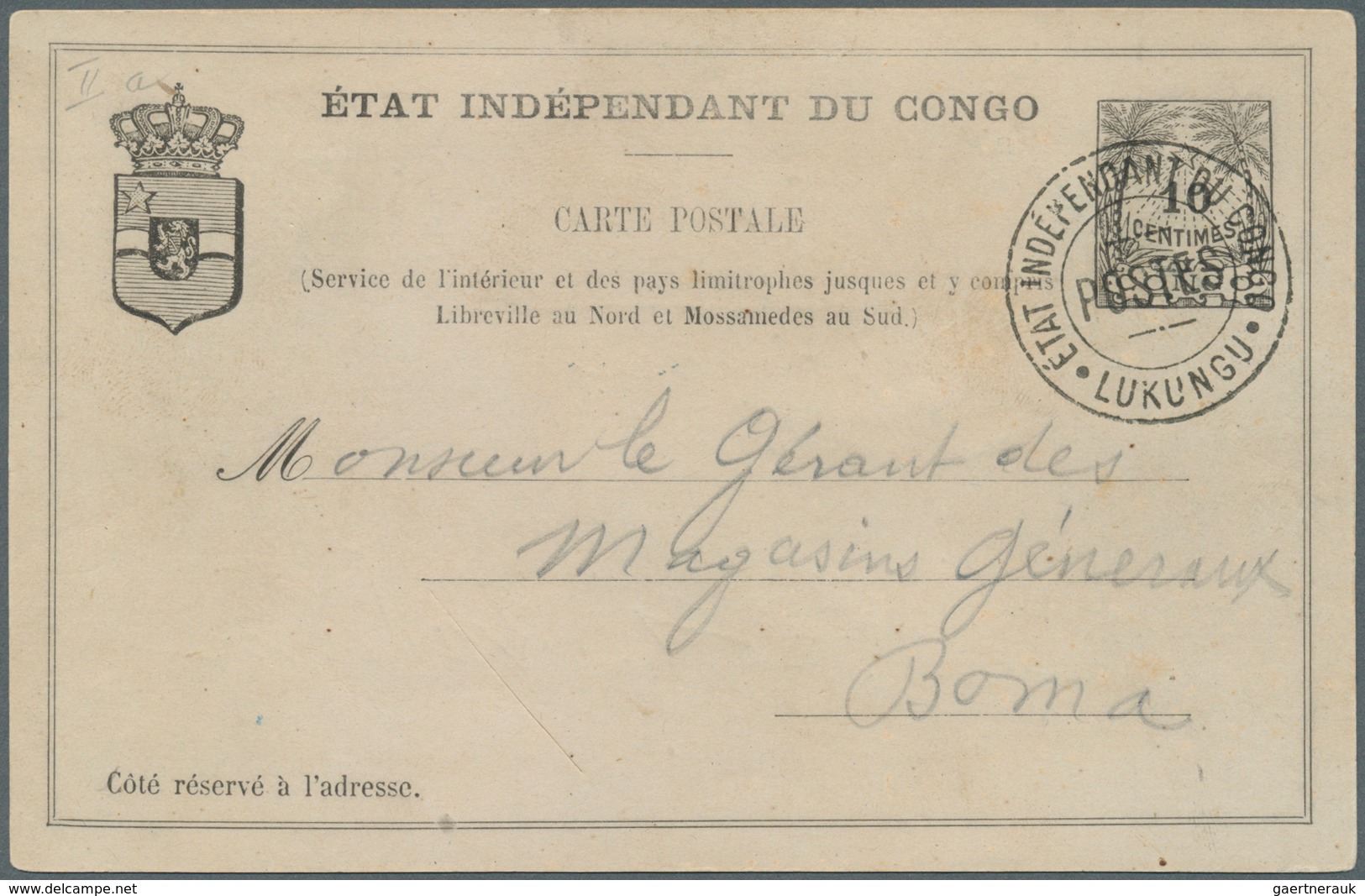 11710 Belgisch-Kongo: 1892, Stationery Card 10 C. Tied "LUKUNGU / POSTES" To Boma W. Blue Arrival Of 16 Ma - Autres & Non Classés