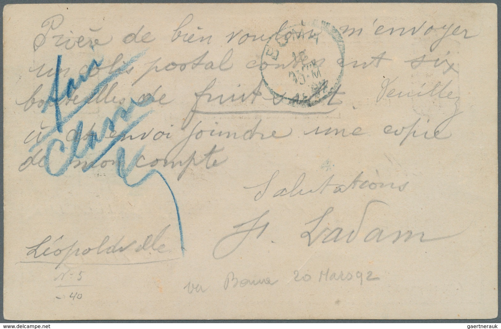 11710 Belgisch-Kongo: 1892, Stationery Card 10 C. Tied "LUKUNGU / POSTES" To Boma W. Blue Arrival Of 16 Ma - Autres & Non Classés