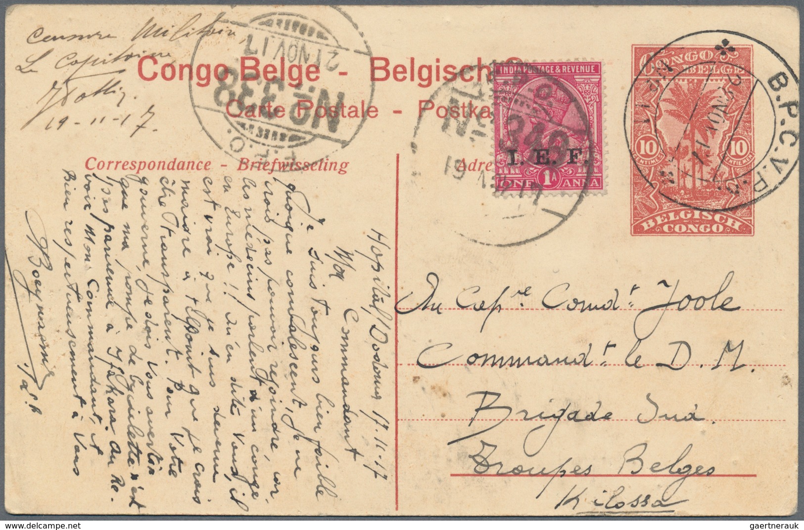 11714 Belgisch-Kongo: 1917, 10 C. Postal Stationery Picture Card (dated Hospital Dadoma 17.11.) With Field - Autres & Non Classés