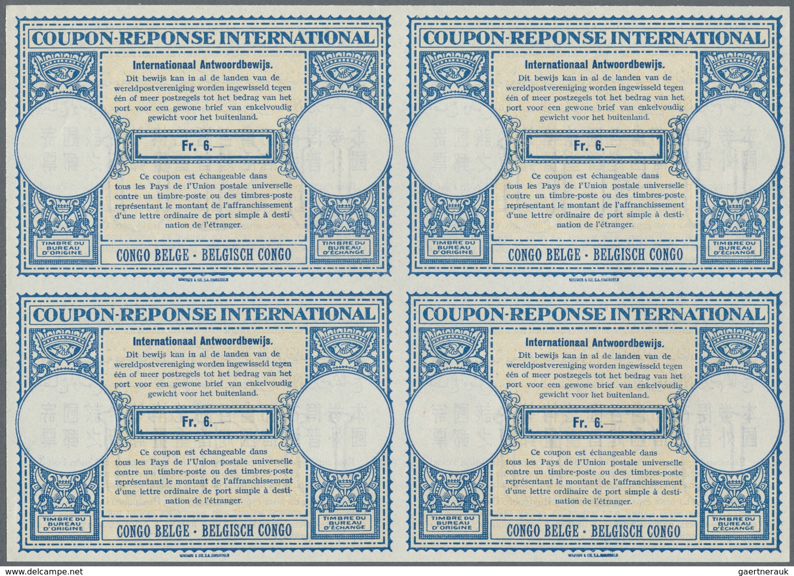 11722 Belgisch-Kongo: 1950/1953. Lot Of 2 Different Intl. Reply Coupons (London Type) Each In An Unused Bl - Autres & Non Classés