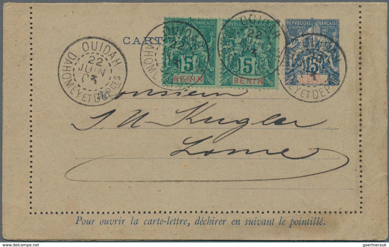 11725 Benin: 1903, Card Letter 15 C. Allegory With Imprint "GOLFE DE BENIN" Together With Horizontal Pair - Benin – Dahomey (1960-...)