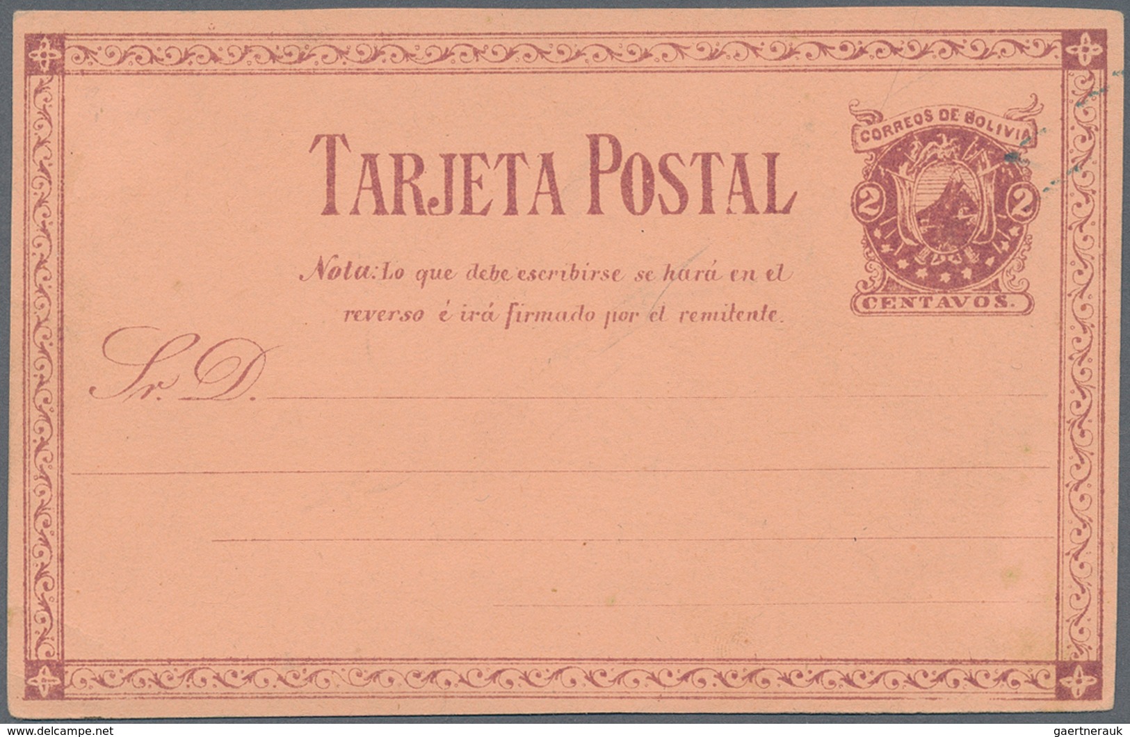 11731 Bolivien: 1885 Ca., 2 Centavos "coat Of Arms With 9 Stars" Lilac On Rose Postal Stationery Card (127 - Bolivien