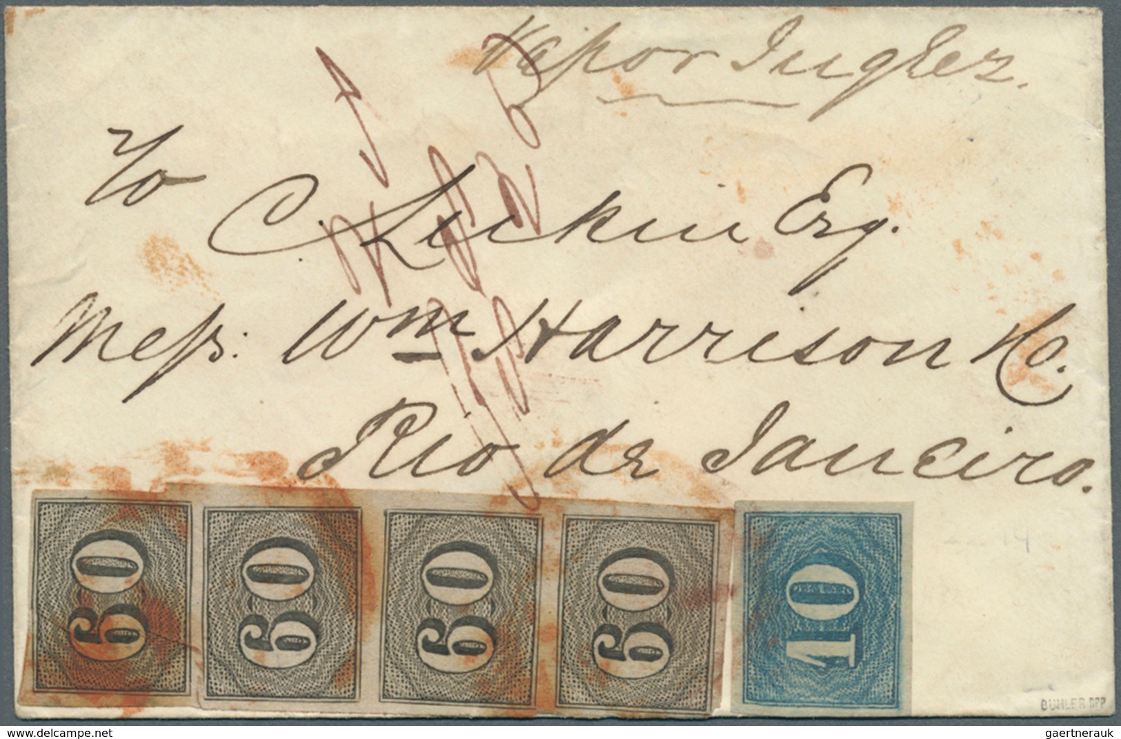 11748 Brasilien: 1854, 60 R. Black, A Horizontal Strip-4 And 10 R. Blue All Imperforated Tied By Red Pmk. - Altri & Non Classificati