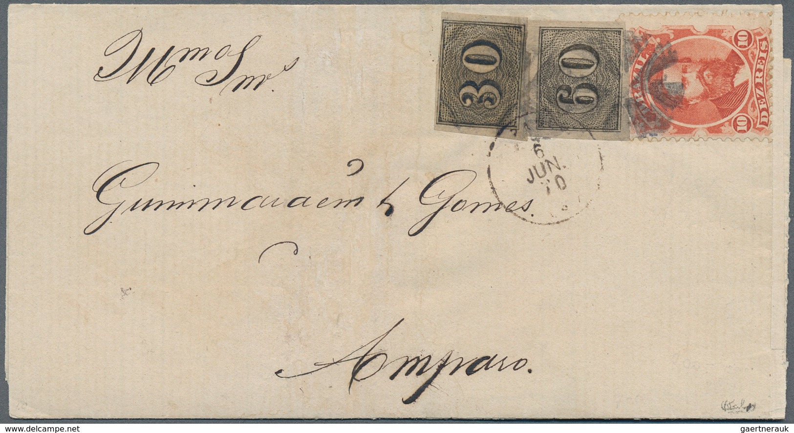 11749 Brasilien: 1870, Letter Sent From SANTOS 6 JUN 70 To Amparo Franked With30 And 60 Reis "cat's Eyes" - Sonstige & Ohne Zuordnung