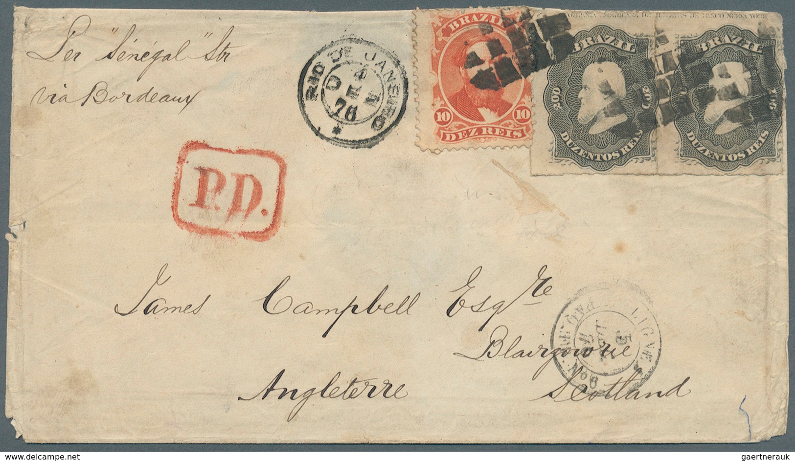 11751 Brasilien: 1876. Envelope Addressed To Scotland Bearing 'Dom Pedro' Yvert 23, 10c Red/orange And Yve - Sonstige & Ohne Zuordnung