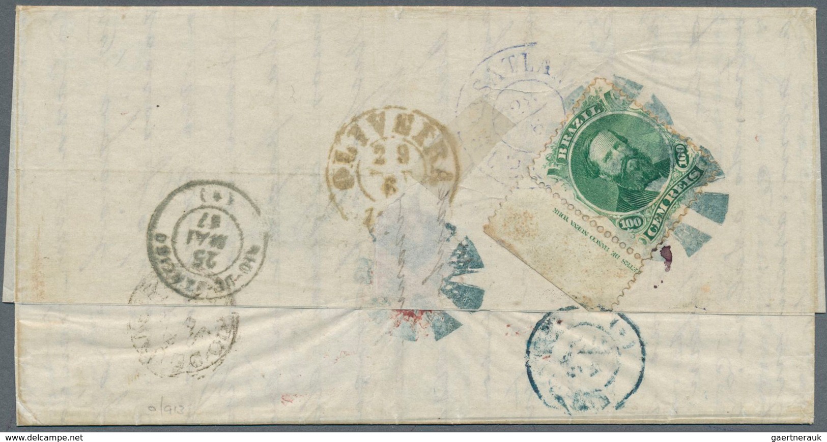 11751A Brasilien: 1867, 100r. Green, Marginal Copy With Inscription On Reverse Of Lettersheet From Porto Al - Sonstige & Ohne Zuordnung