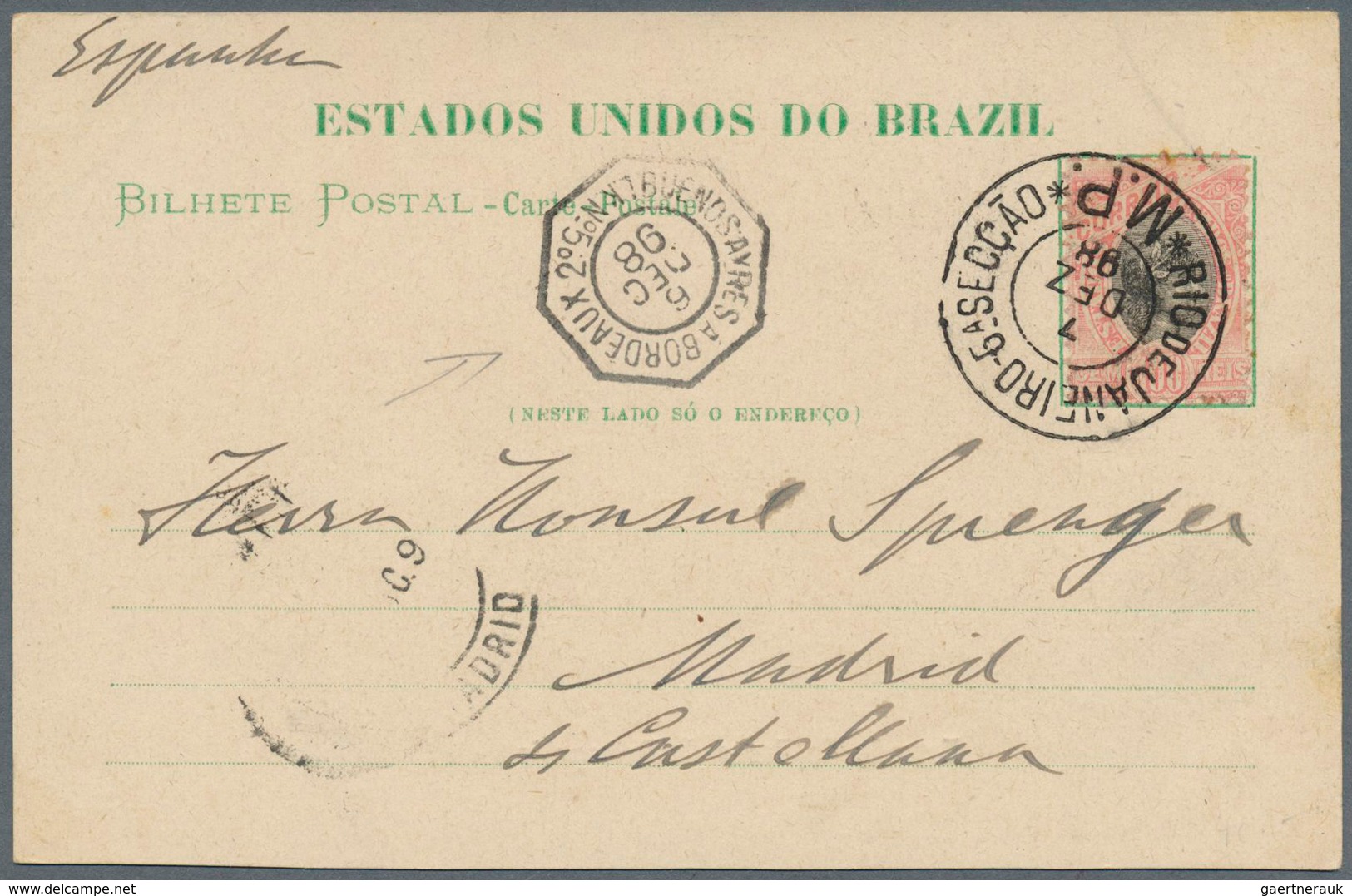 11757 Brasilien: 1898/1900, Trio Of Postcards With Maritime Daters: 100 R Carmine/black On Ppc From Rio De - Sonstige & Ohne Zuordnung