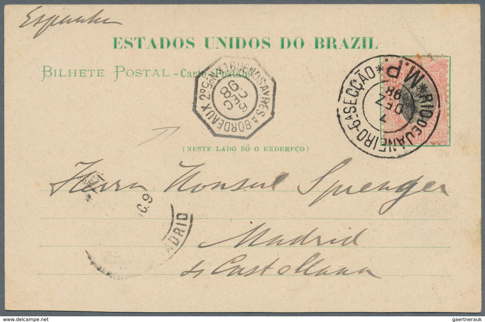 11757 Brasilien: 1898/1900, Trio Of Postcards With Maritime Daters: 100 R Carmine/black On Ppc From Rio De - Autres & Non Classés