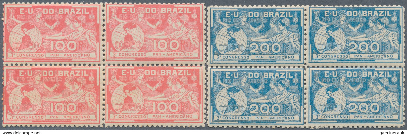 11762 Brasilien: 1906, Pan-American Congress, 100r. And 200r., Blocks Of Four, Fresh Colours, Well Perfora - Sonstige & Ohne Zuordnung