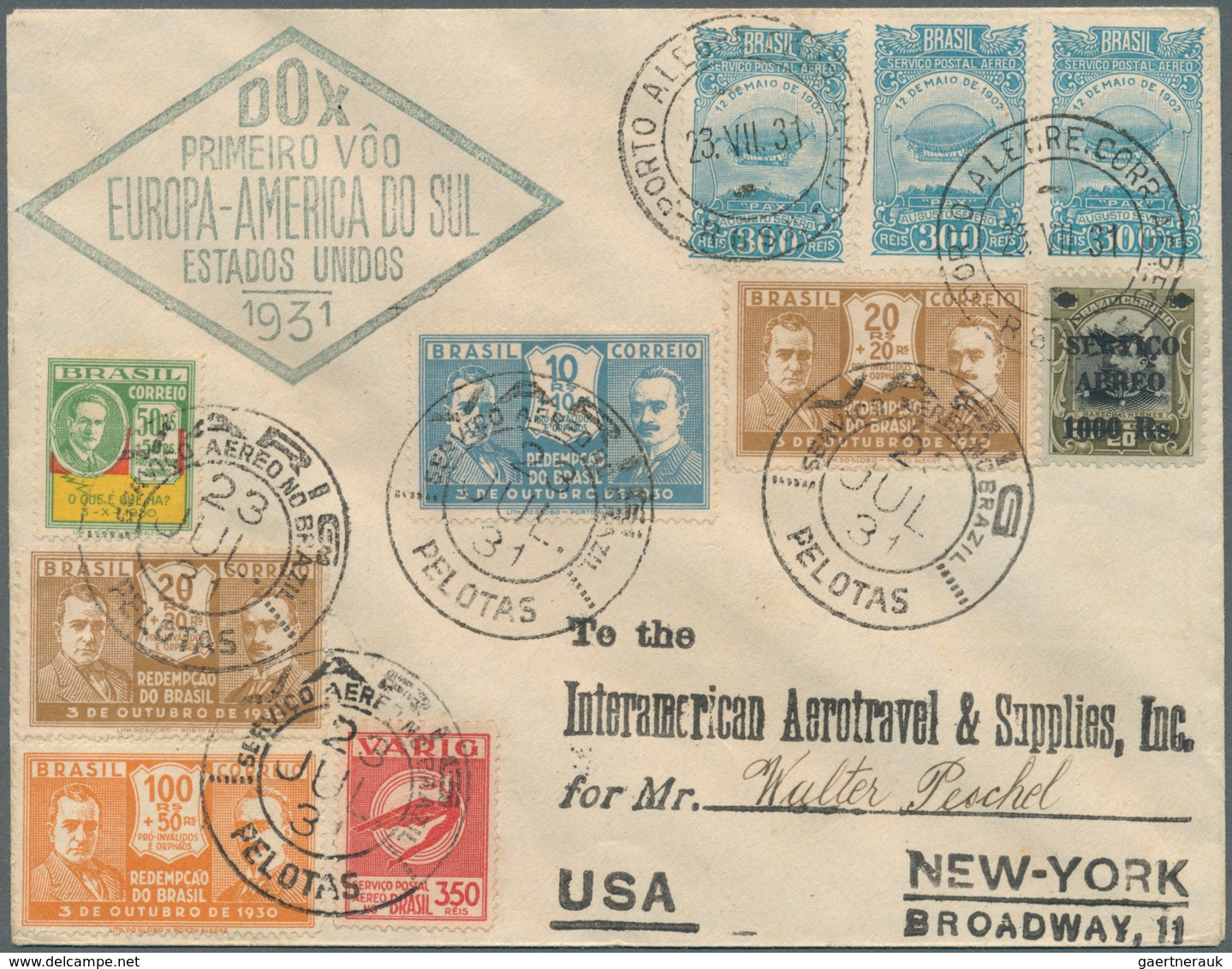 11780 Brasilien - Privatflugmarken Varig: 1931 VARIG 350r. Red On DOX Cover From Porto Alegre To New York, - Luftpost (private Gesellschaften)