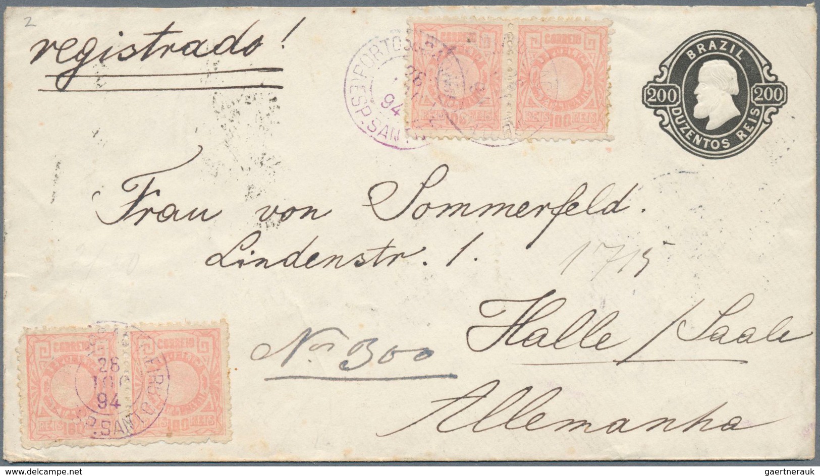 11782 Brasilien - Ganzsachen: 1867, Stationery Envelope 200 R Black With Watermark, Uprated 4x 100 R Red, - Ganzsachen