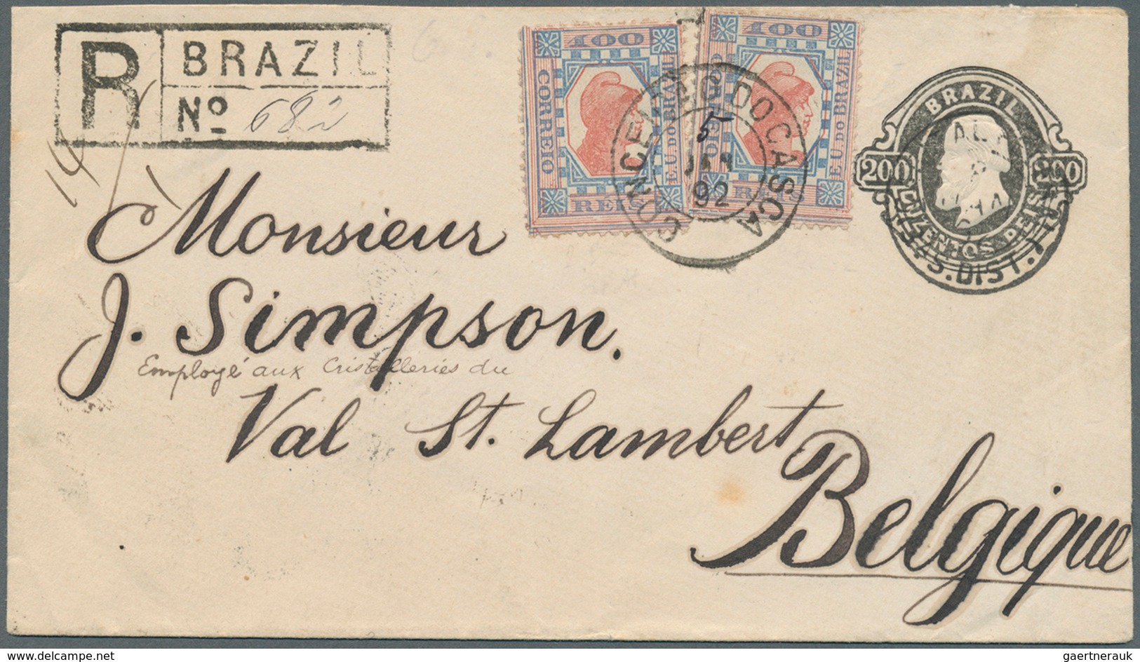 11783 Brasilien - Ganzsachen: 1892, Stationery Envelope 200 R. Uprated 100 R. (2) Tied "CONCEIO DO CASCA 5 - Entiers Postaux