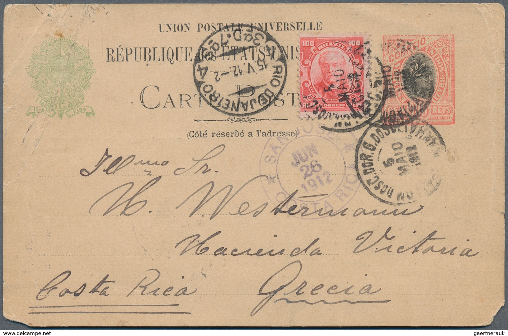 11785 Brasilien - Ganzsachen: 1912, Stationery Card 100 R. Black And Red (heavy Bend Upper Left Corner) Up - Entiers Postaux