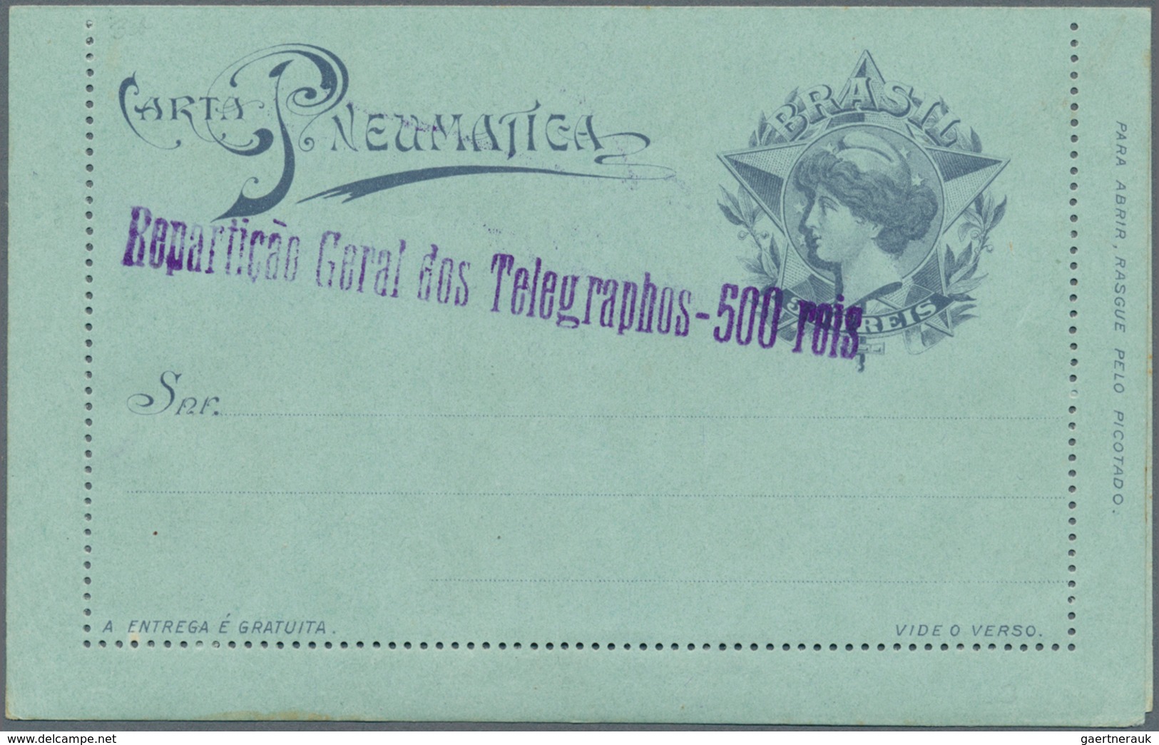 11787 Brasilien - Ganzsachen: 1918, 300 Reis Grey-violet On Blue Pneumatic Stationery Letter-card, Violet - Ganzsachen