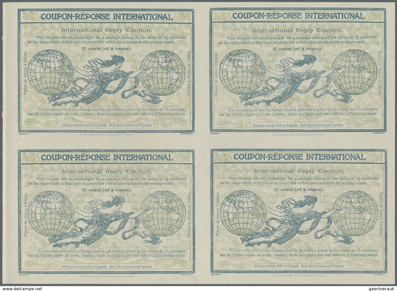 11797 Britisch-Ostafrika Und Uganda: Design "Rome" 1906 International Reply Coupon As Block Of Four 17 C. - Protectorats D'Afrique Orientale Et D'Ouganda